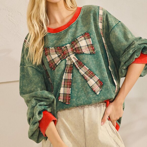 78. Med, Large - Oversized Merry Mineral-Wash Bow Pullover Soft Sweatshirt NEW - Picture 10 of 10